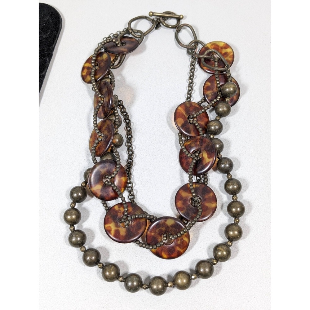Premier Designs Bronze Faux Tortoise Shell Disc Multi Strand Necklace 18.5"‎ - Picture 2 of 9